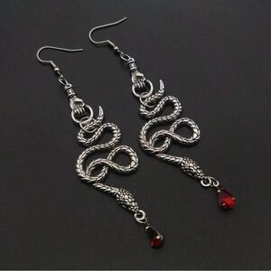 Gothic Snake Dangling Earrings Silver Tone, Res hanging Jewel accent engraved